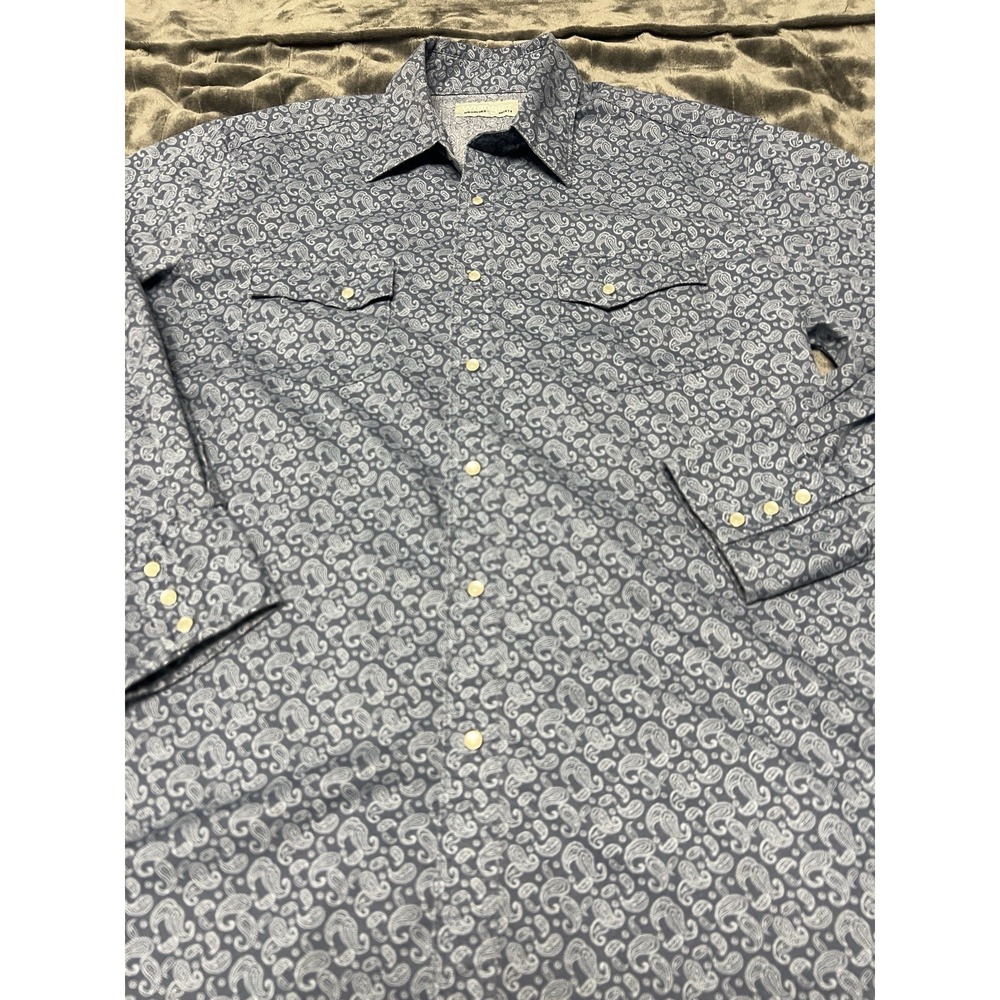 Wrangler Men's Large Blue Paisley Western Shirt Pearl Snap Long Sleeve Cowboy - Picture 4 of 9